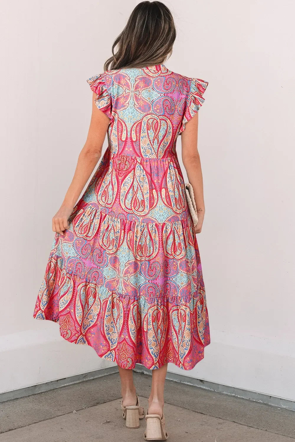 Tribal Paisley Print Ruffled Sleeve Notch Neck Midi Dress - Southern Shores Clothing
