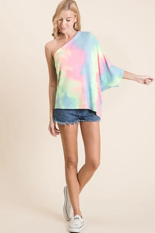 Tie Dye One Shoulder Dolman Top Relaxed Fit - Southern Shores Clothing