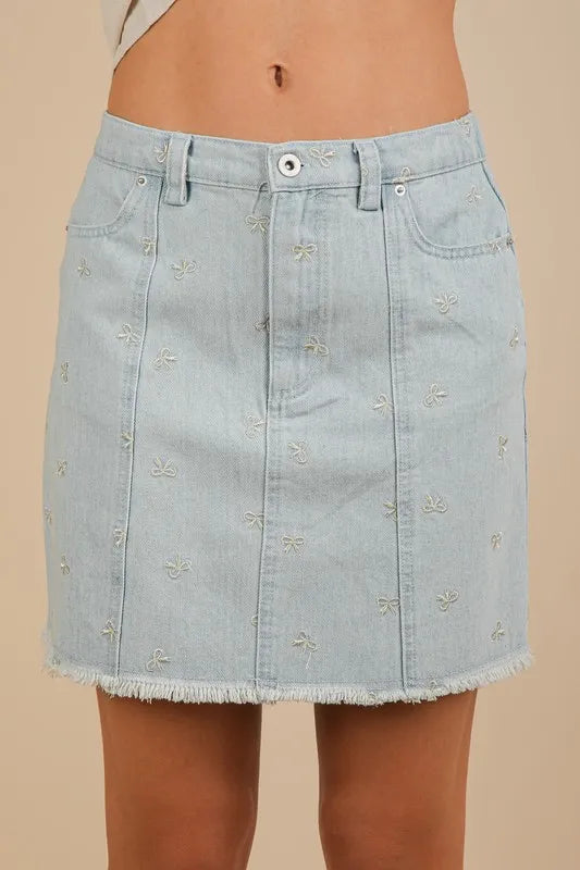 Nautical Inspired Very J Bow Printed Casual Denim Mini Skirt