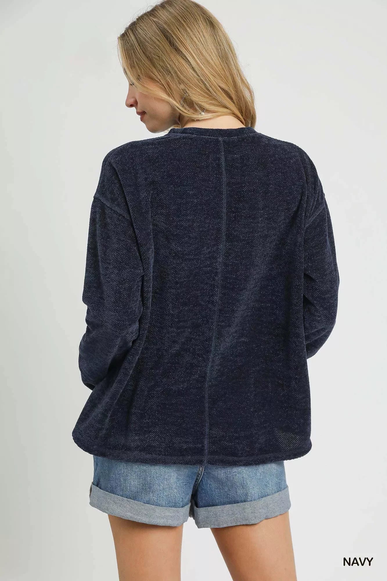 Round Neck Long Sleeve Top With Side Slits - Southern Shores Clothing