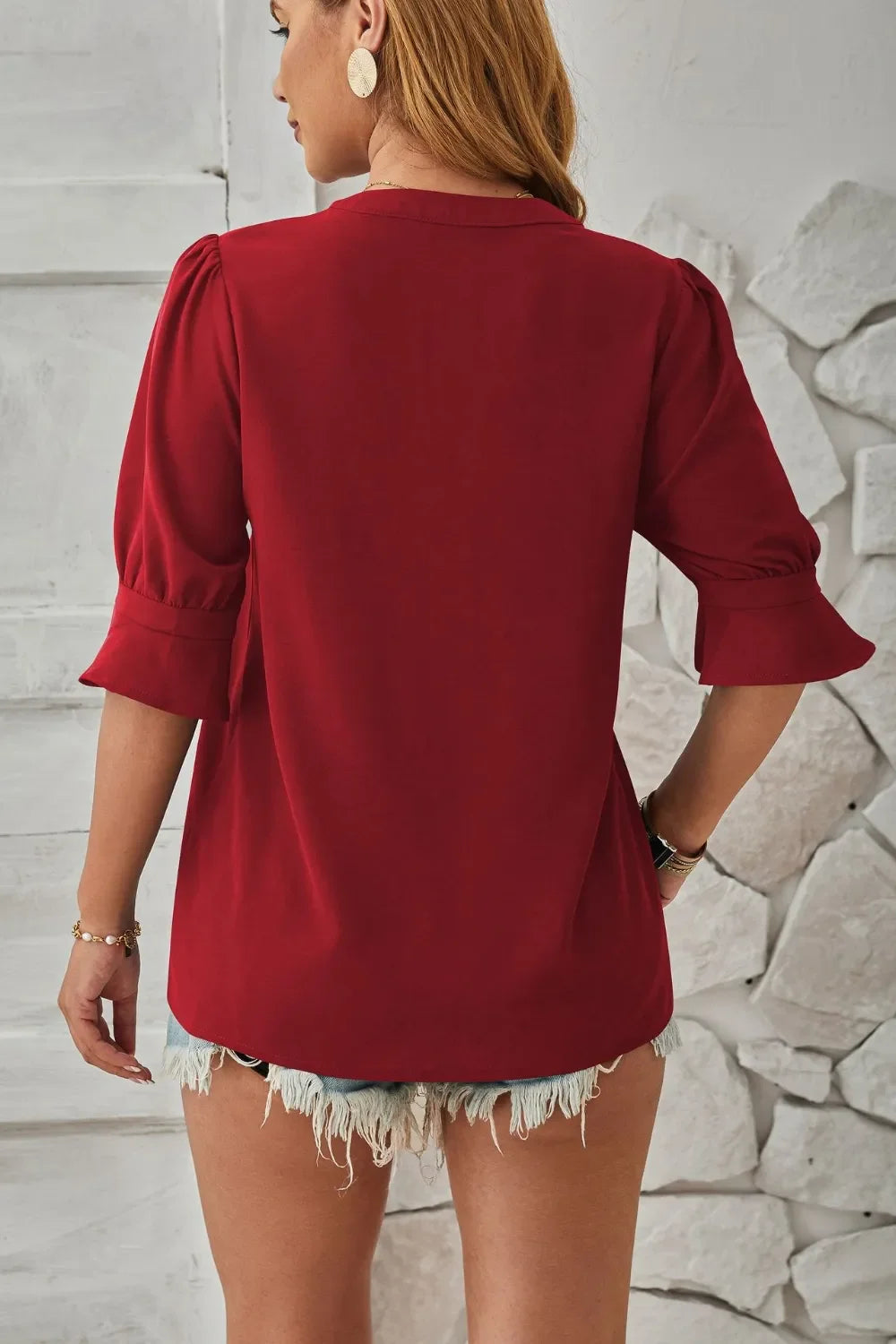 Notched Half Sleeve Blouse With Everyday Versatility - Southern Shores Clothing