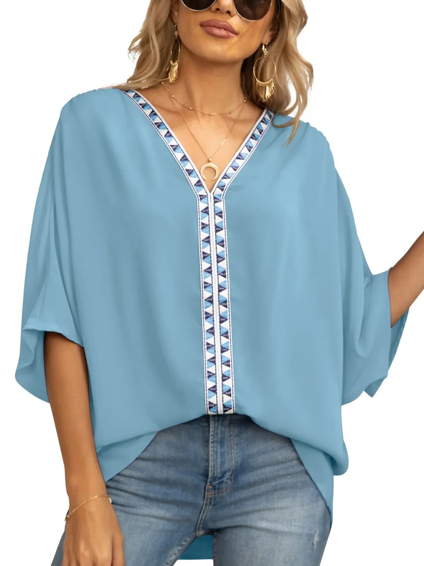 Printed Trim V-Neck Batwing Sleeve Blouse - Southern Shores Clothing