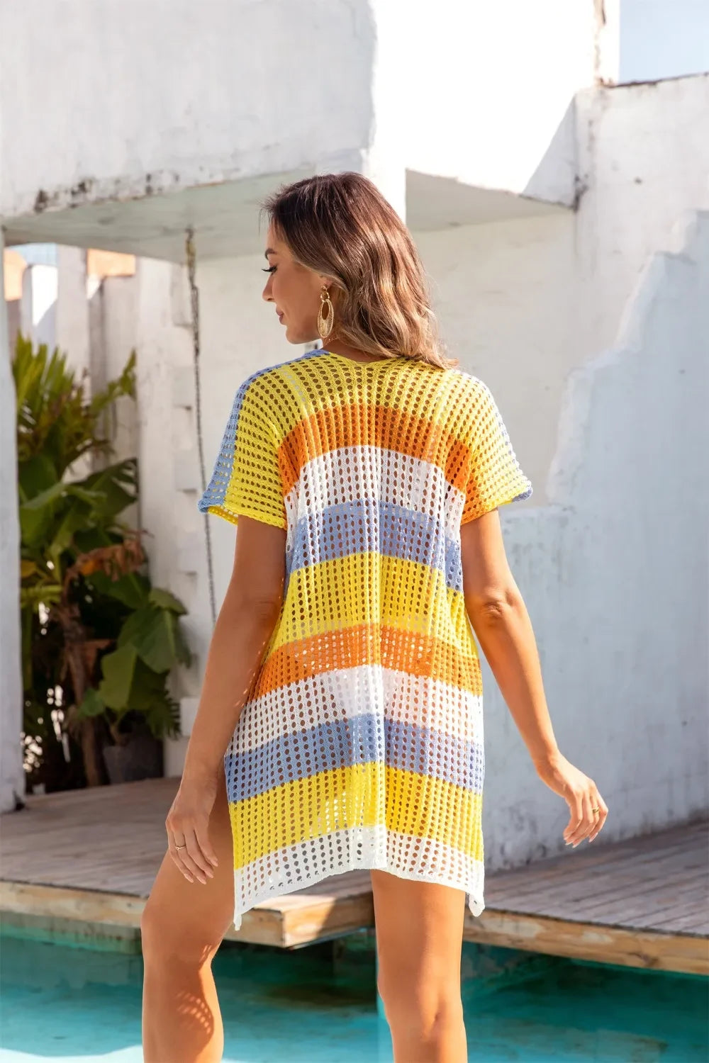 Openwork Striped V-Neck Short Sleeve Cover Up One Size - Southern Shores Clothing
