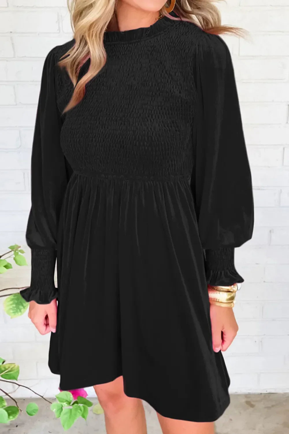 Smocked Round Neck Long Sleeve Dress Casual Beachwear - Southern Shores Clothing