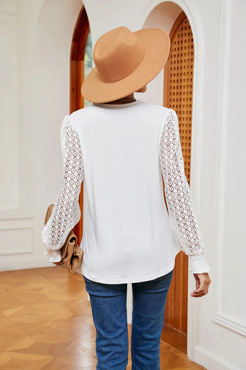 Southern Shores Contrast V Neck Long Sleeve Blouse With Lace Details And Rayon Blend Fabric - Southern Shores Clothing