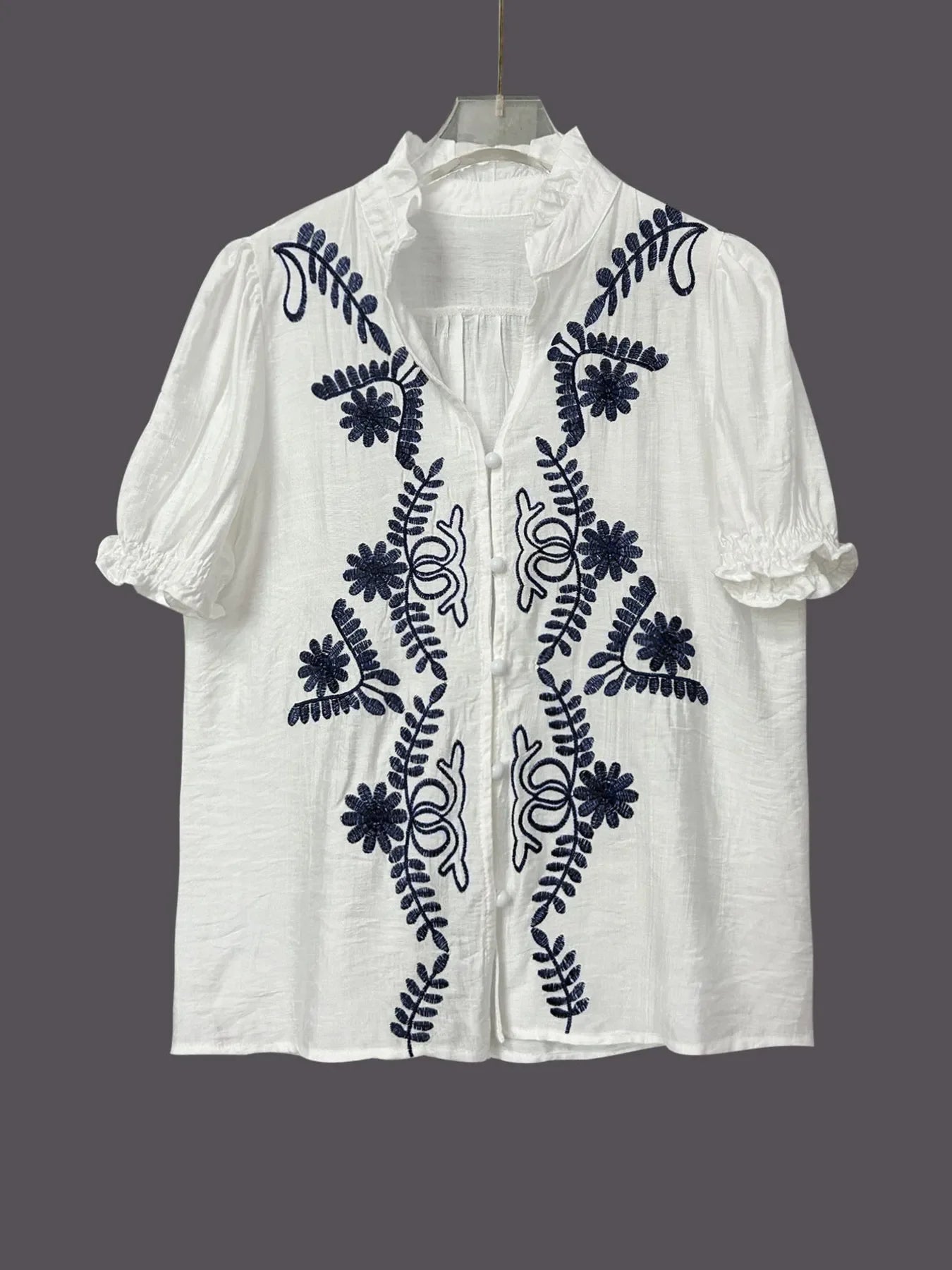 Southern Shores Clothing Embroidered Puff Sleeve Buttoned Blouse In 95 Percent Polyester - Southern Shores Clothing