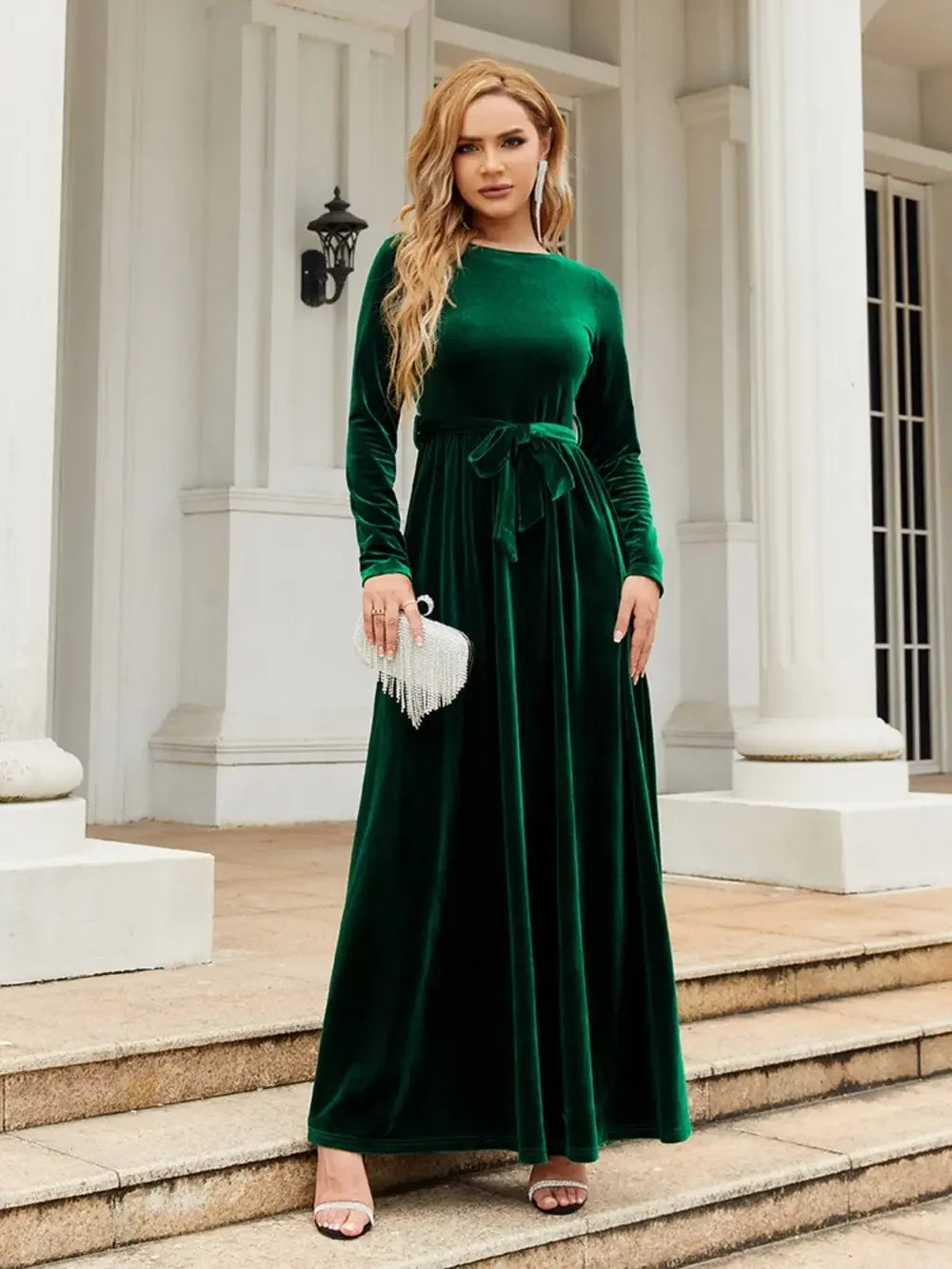 Tie Front Round Neck Long Sleeve Maxi Dress - Southern Shores Clothing
