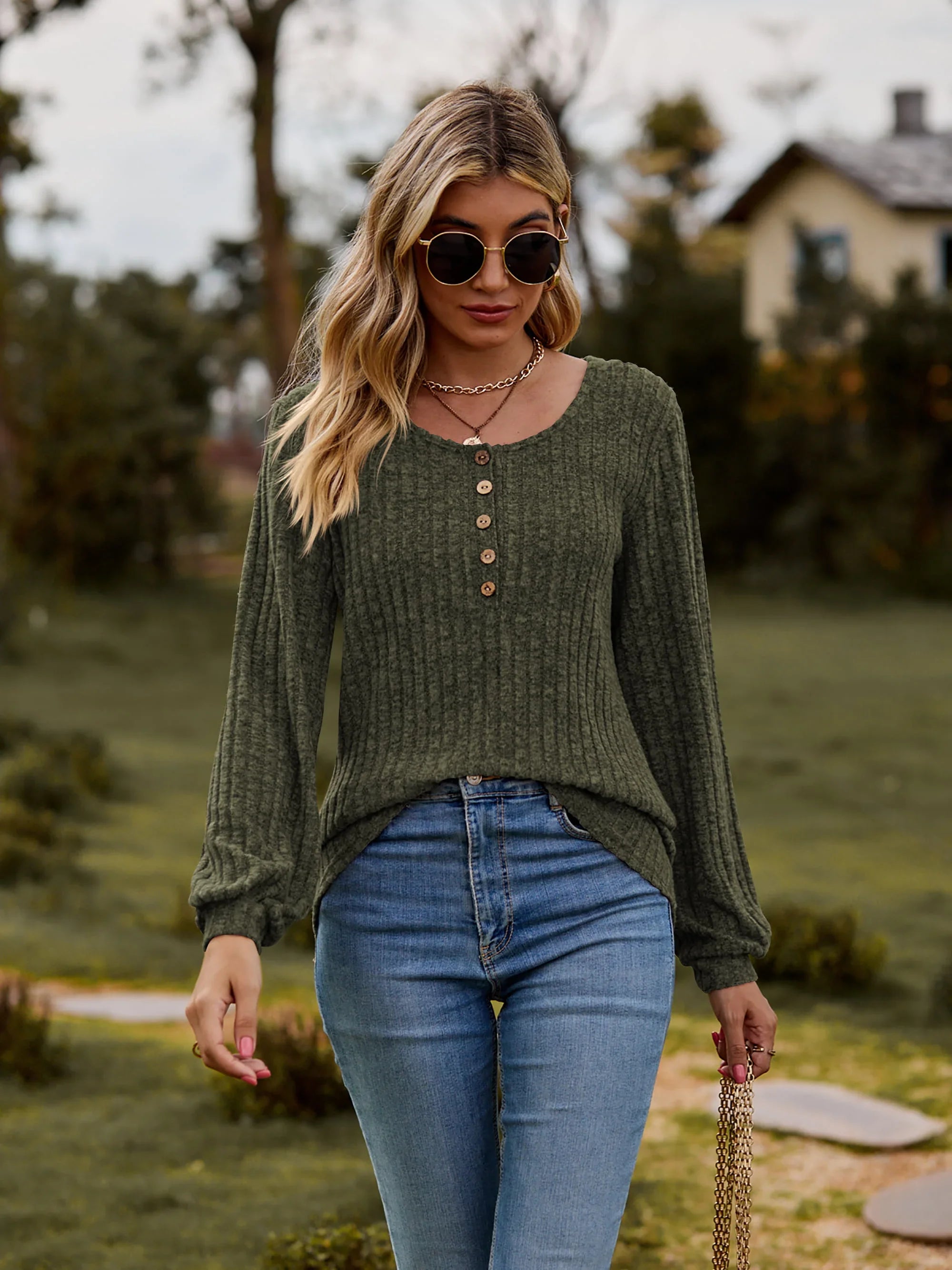 Stretchy Heathered Round Neck Button-Down Long Sleeve Tee - Southern Shores Clothing