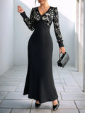 Elegant Lace V Neck Long Sleeve Maxi Dress - Southern Shores Clothing