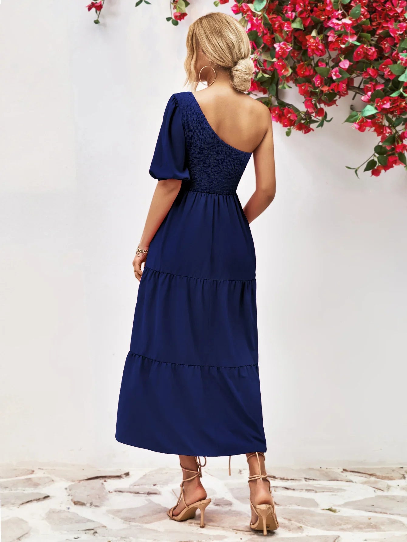 Smocked One-Shoulder Midi Dress Silhouette - Southern Shores Clothing