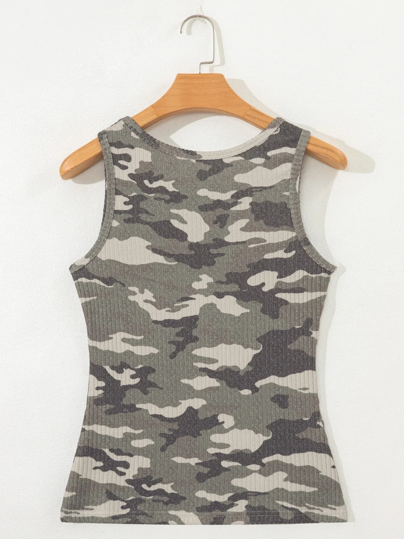 Camouflage Print Ribbed Knit Tank Top Round Neck Sleeveless - Southern Shores Clothing
