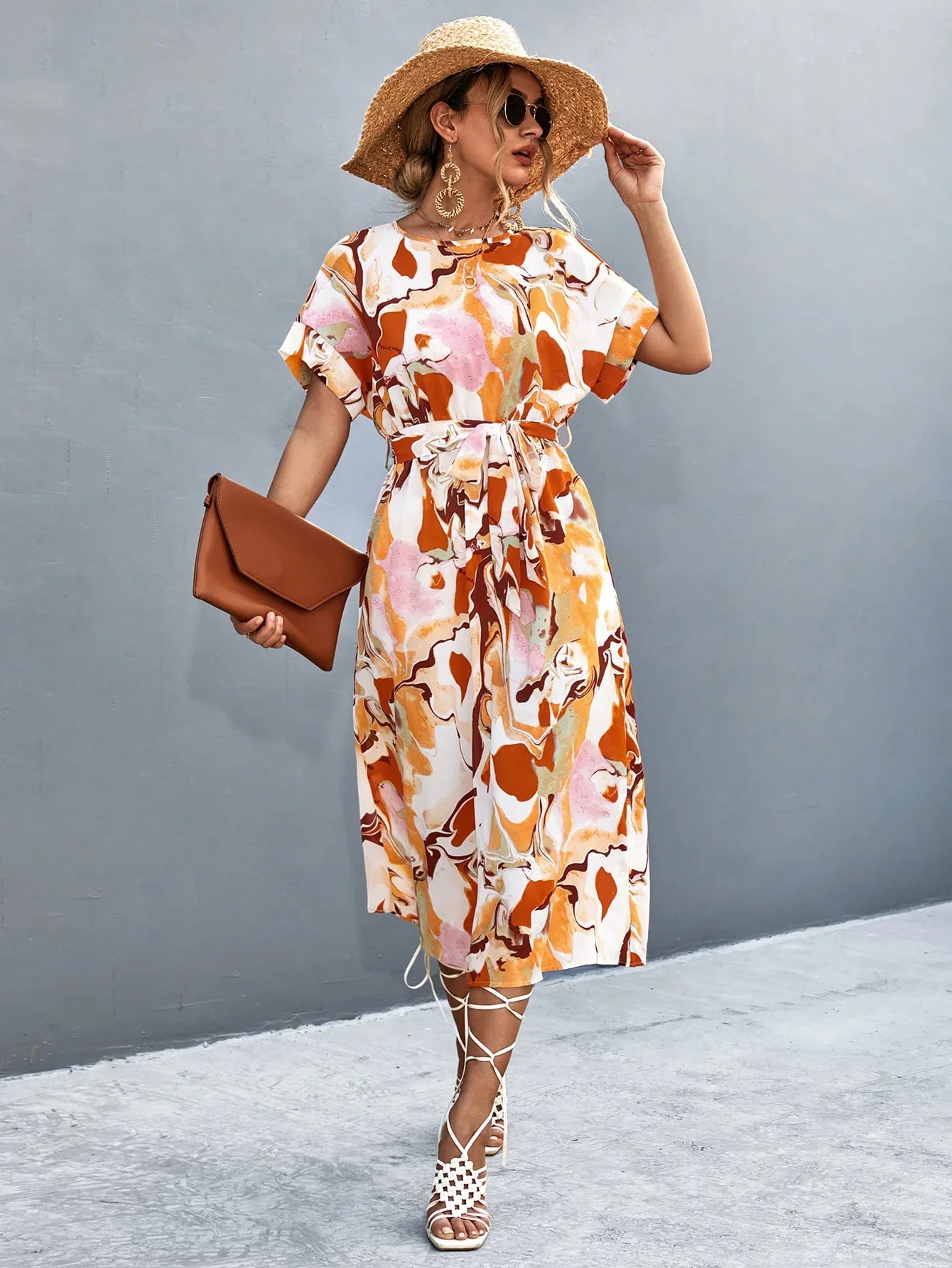Round Neck Short Sleeve Tie Waist Midi Dress - Southern Shores Clothing