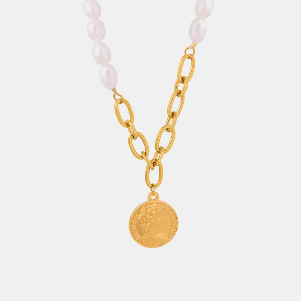 Pearl Coin Pendant Necklace With Titanium Chain Gold Plated - Southern Shores Clothing