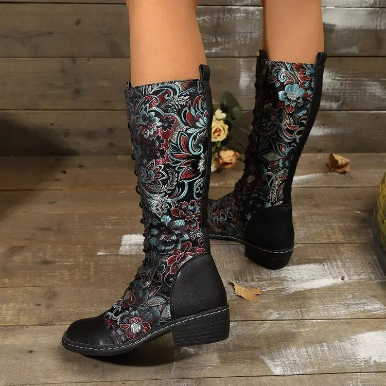 Embroidered Lace-Up Knee-High Boots With Mid Heel - Southern Shores Clothing