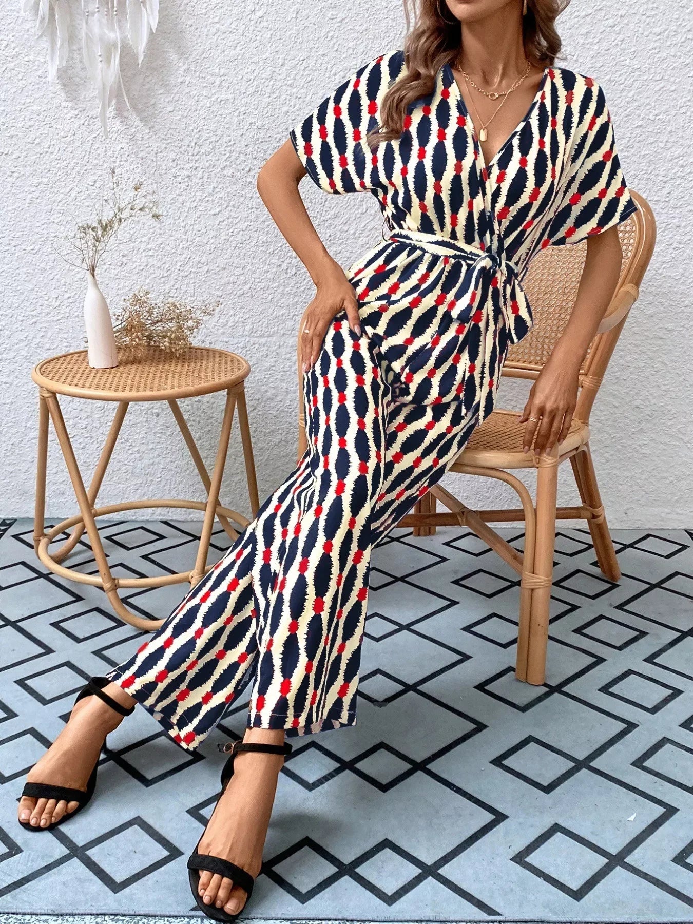 Printed Surplice Tie Waist Short Sleeve Jumpsuit - Southern Shores Clothing