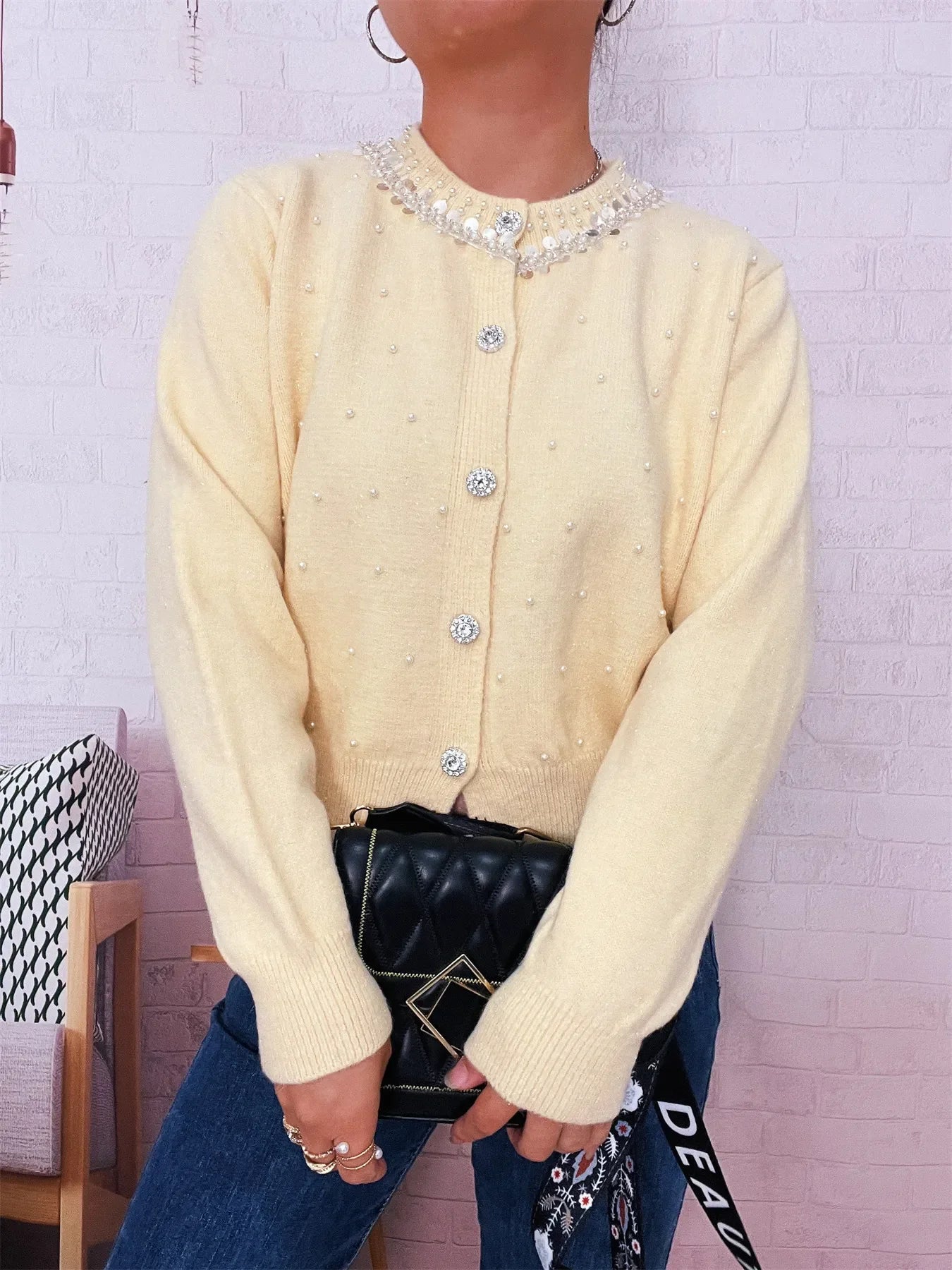 Pearl Detail Button Front Cardigan Stretch Knit - Southern Shores Clothing