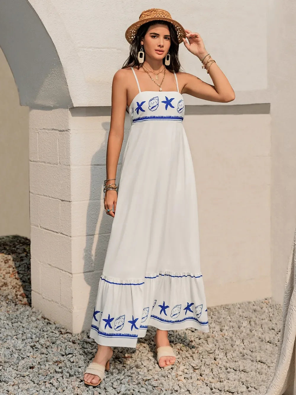 Printed Square Neck Maxi Cami Dress With Embroidered Border - Southern Shores Clothing