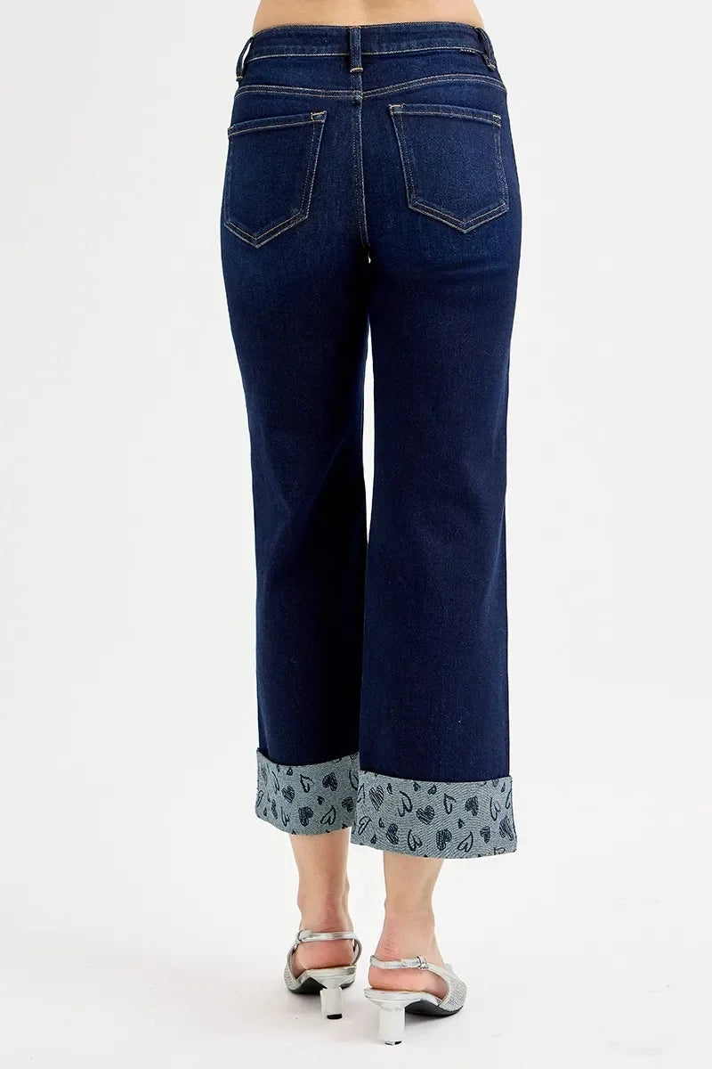 Crop Wide Jeans With Printed Cuff Plus Size - Southern Shores Clothing