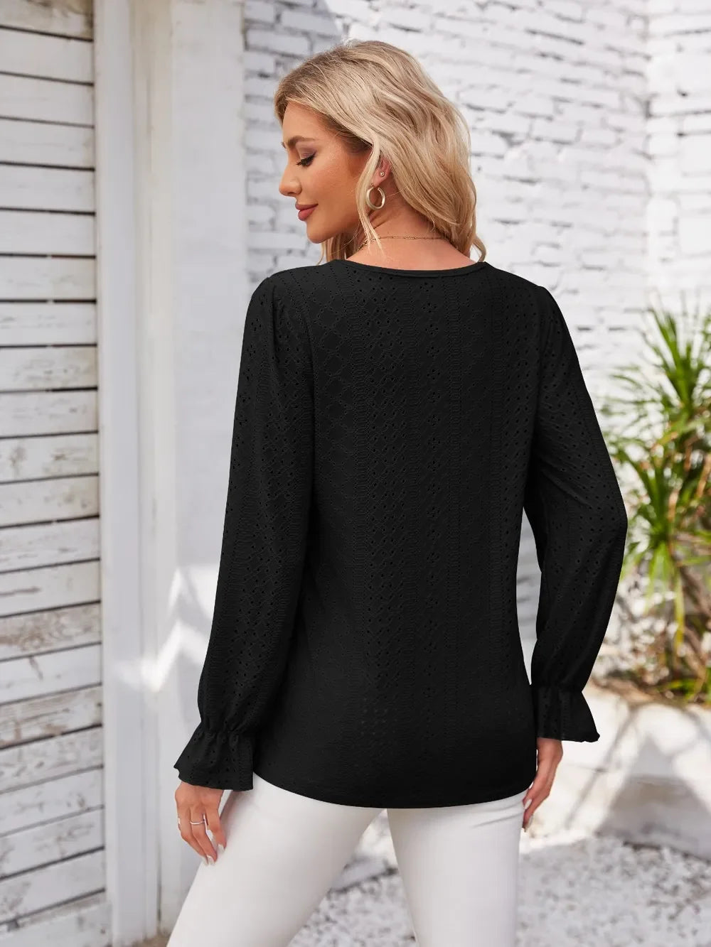 Applique V-Neck Flounce Sleeve Polyester T-Shirt - Southern Shores Clothing