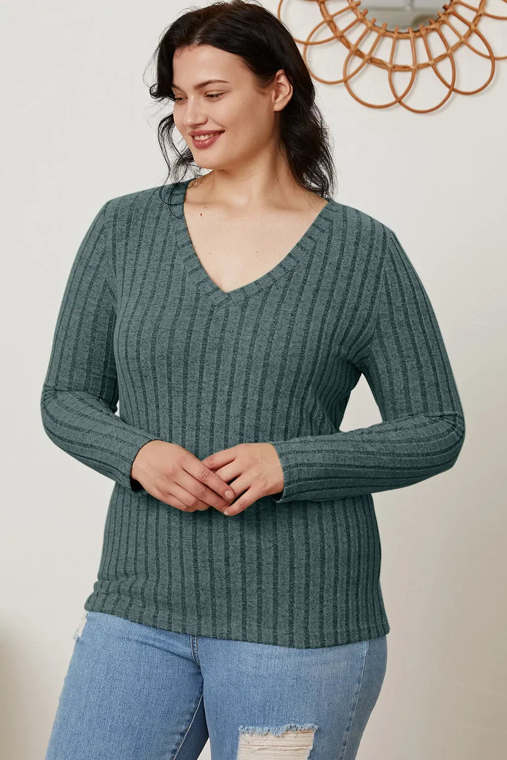 Classic Ribbed V-Neck Long Sleeve Knit Tee Top - Southern Shores Clothing