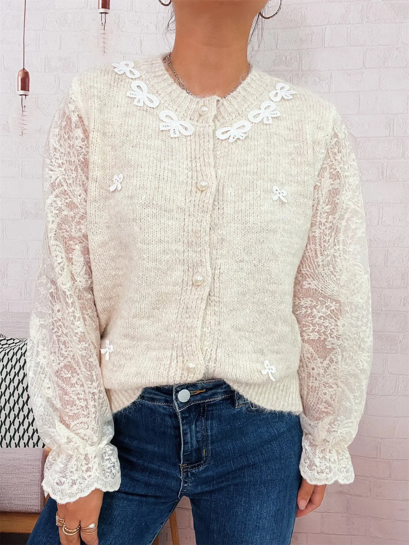 Lace Sleeve Button-Up Cardigan With Ruffled Detail - Southern Shores Clothing
