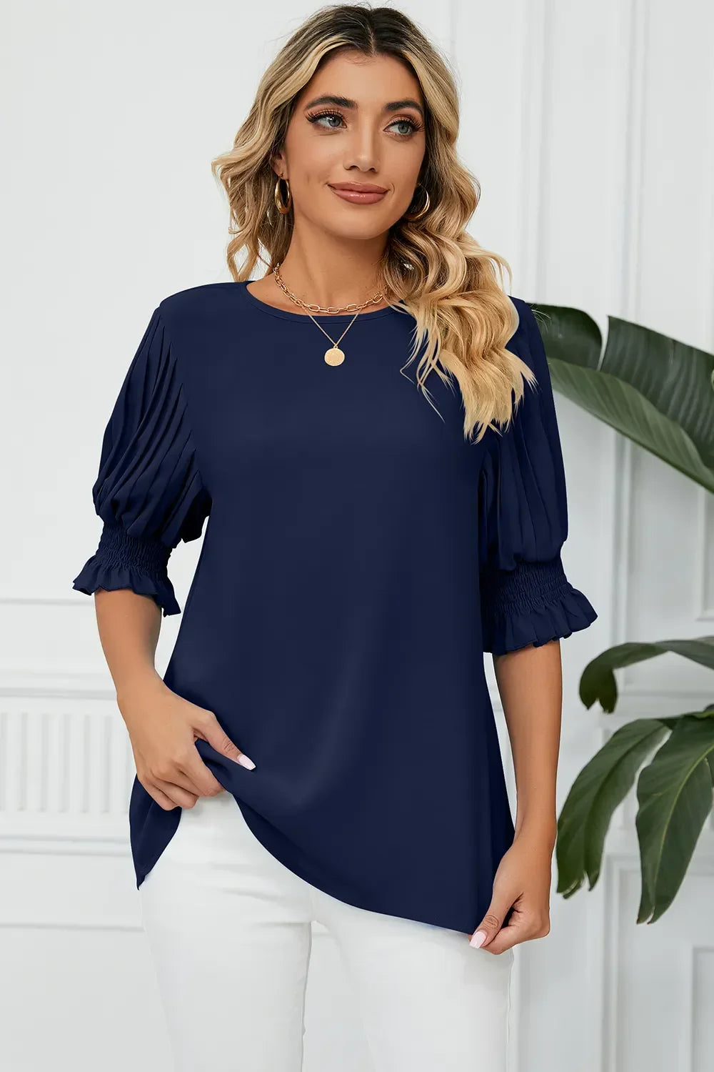 Frill Round Neck Lantern Sleeve T Shirt - Southern Shores Clothing
