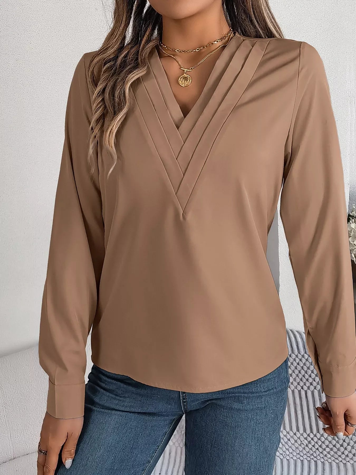 Layered V-Neck Long Sleeve Polyester Blouse - Southern Shores Clothing