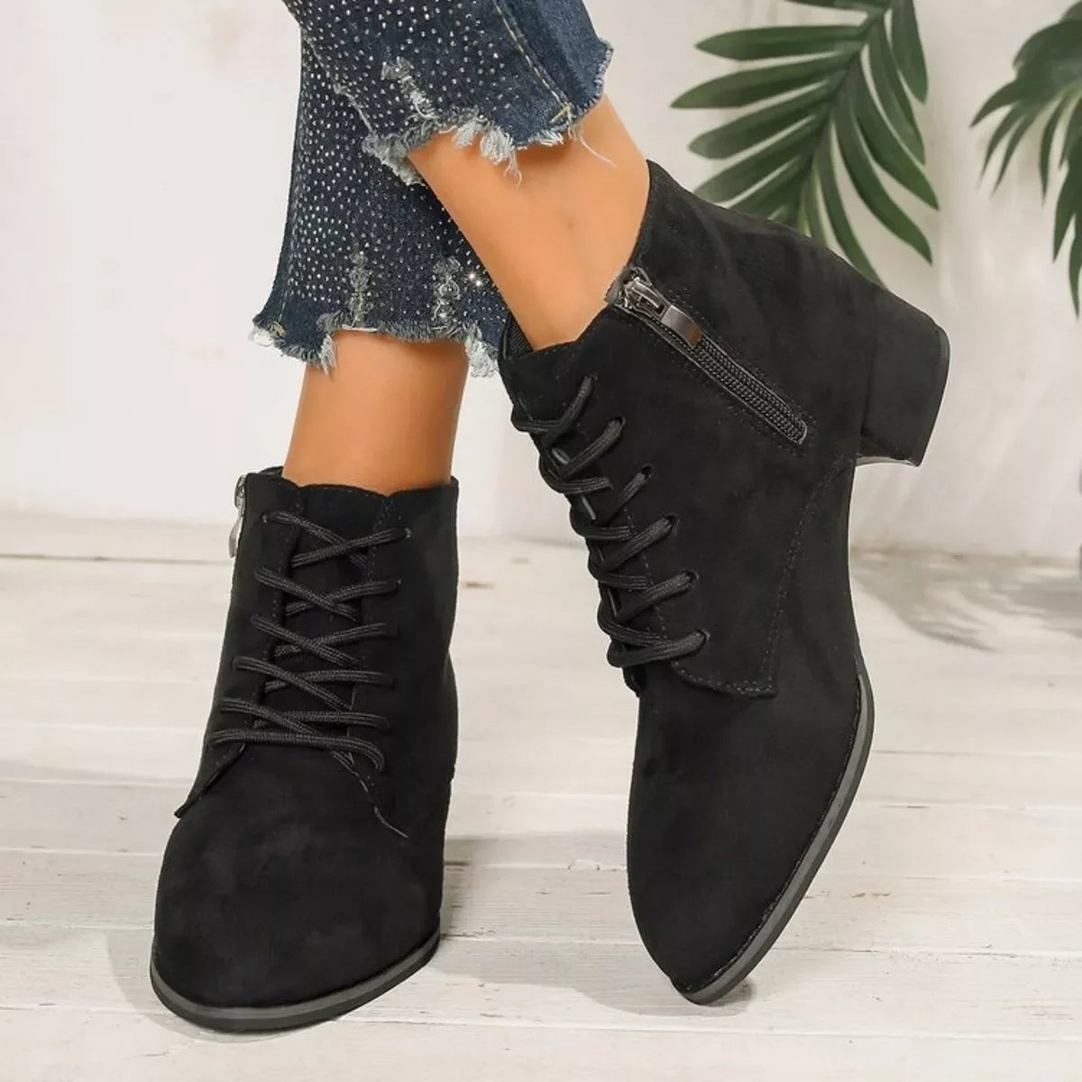 Lace-Up Block Heel Boots Suede Rubber Classic