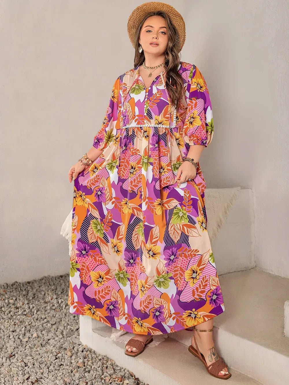 Printed Tie Neck Maxi Dress With Button Front Slit Allover Floral - Southern Shores Clothing