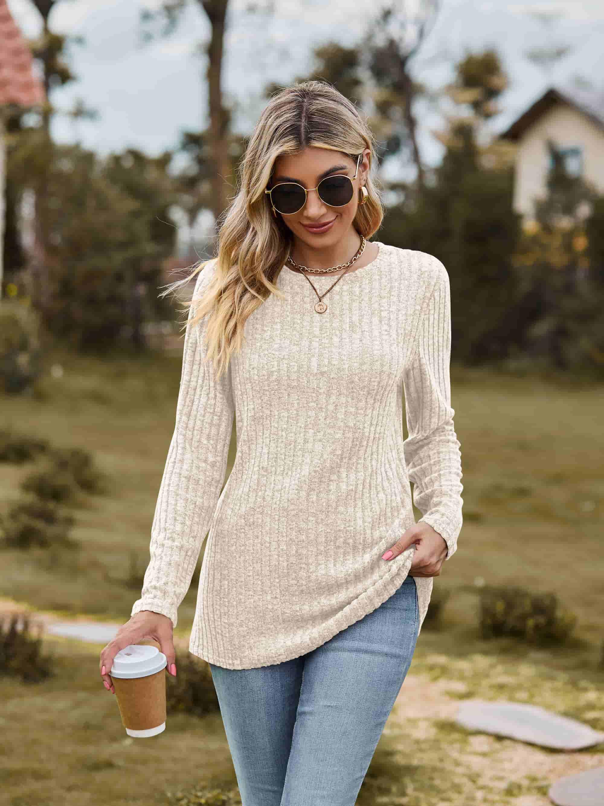 Ribbed Round Neck Long Sleeve Tee For Everyday Wear - Southern Shores Clothing