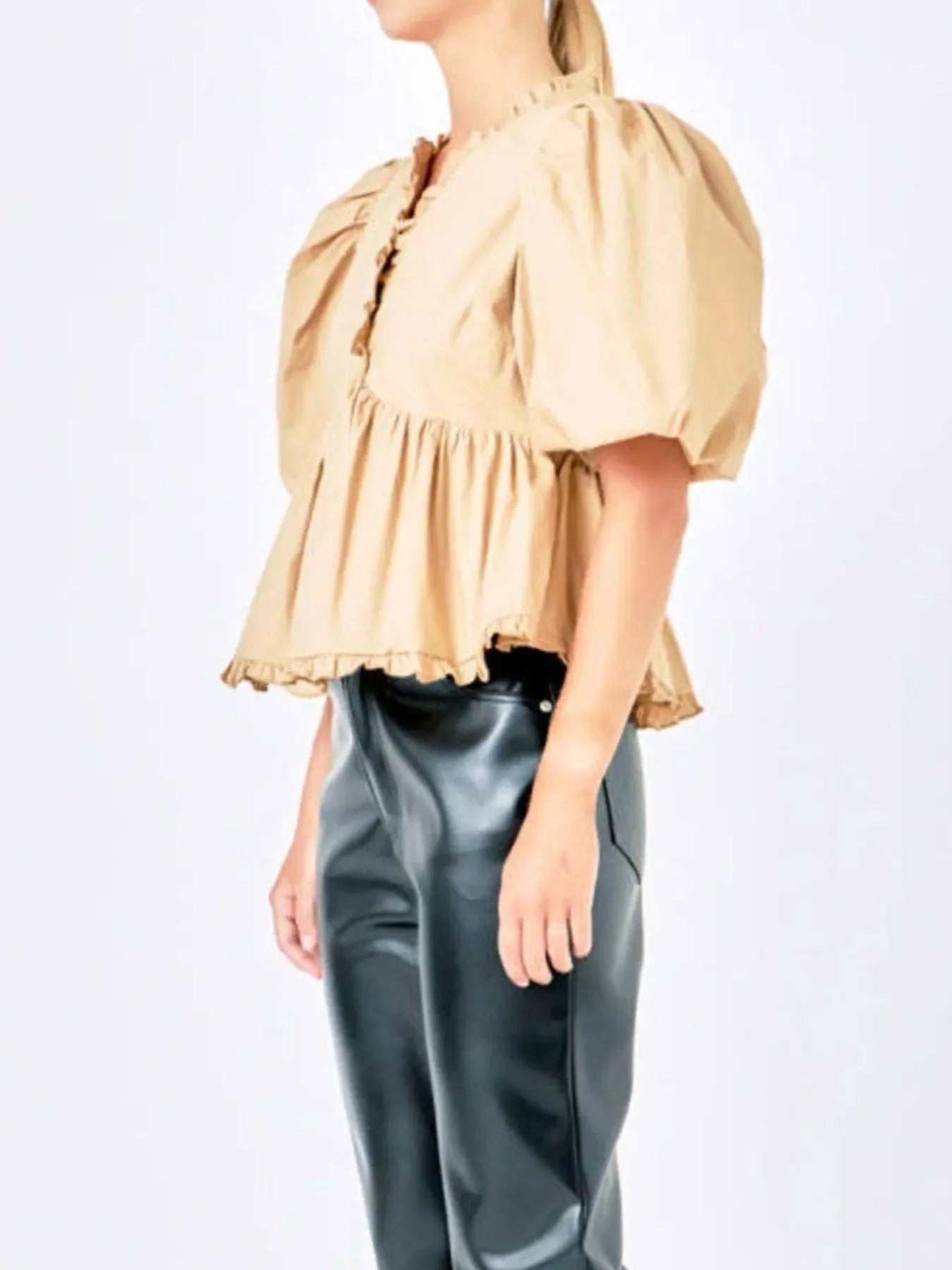 Stylish Southern Shores Clothing Puff Sleeve Peplum Blouse With Ruffles In 100% Polyester Fabric - Southern Shores Clothing