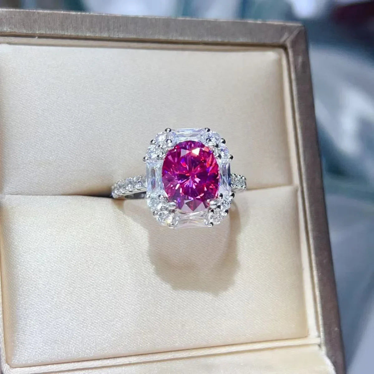Three Carat Moissanite Ring In Sterling Silver With Halo Setting - Southern Shores Clothing