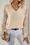 V-Neck Crochet Sleeve Knit Sweater With Openwork Details - Southern Shores Clothing