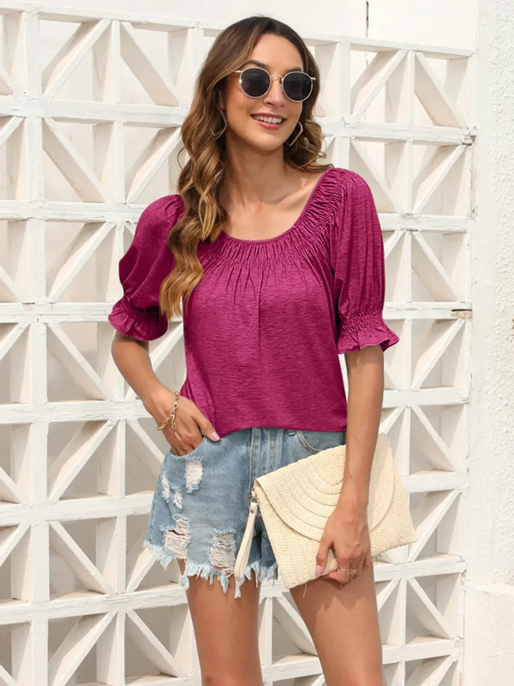 Southern Shores Clothing Ruched Short Sleeve Blouse Made From Polyester Blend Fabric For Versatile Wear - Southern Shores Clothing