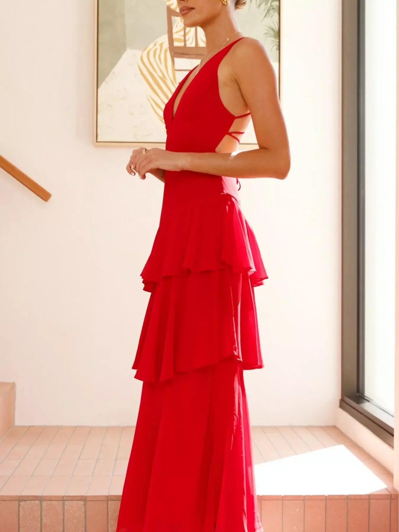 Sleeveless Ruffled Layered Backless Maxi Dress - Southern Shores Clothing