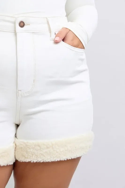 High Waist Shearling Cuff Denim Shorts Plus Size - Southern Shores Clothing
