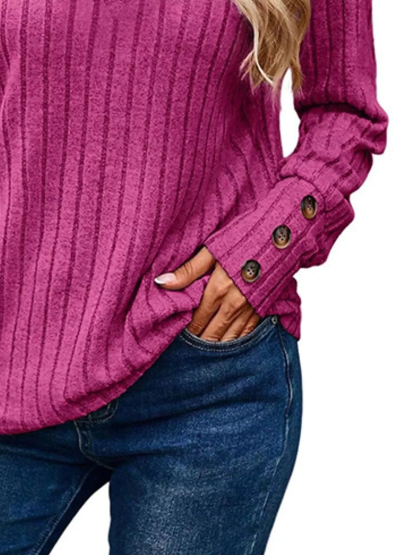 Ribbed V-Neck Long Sleeve Buttoned Stretchy Top - Southern Shores Clothing