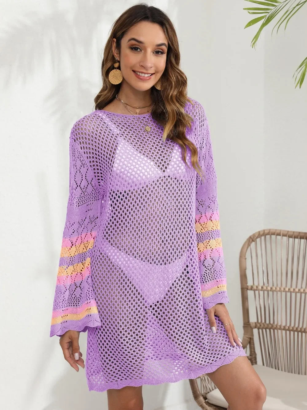 Openwork Sheer Long Sleeve Cover-Up One Size - Southern Shores Clothing