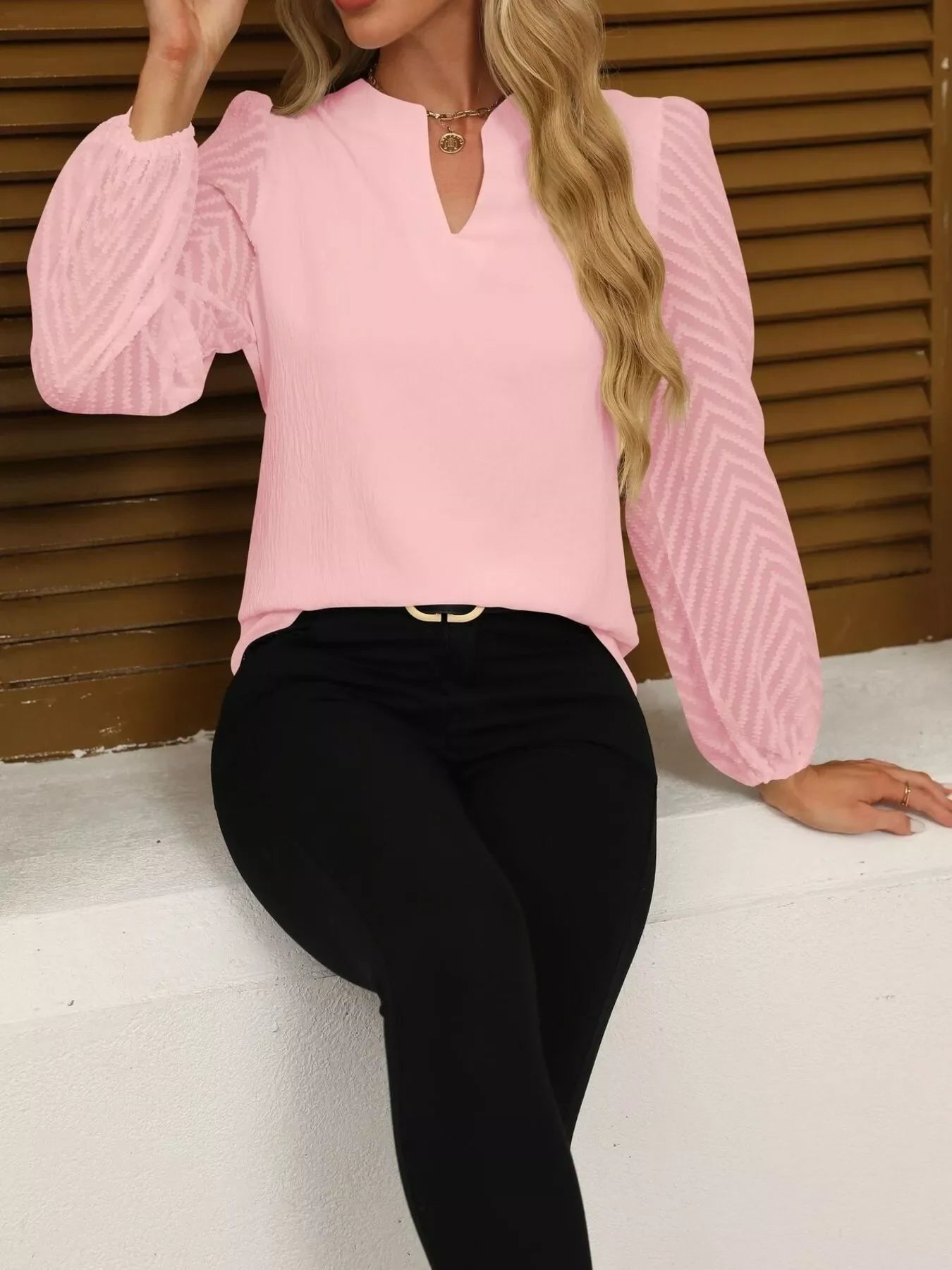 Notched Balloon Sleeve Polyester Blouse Effortless Style - Southern Shores Clothing