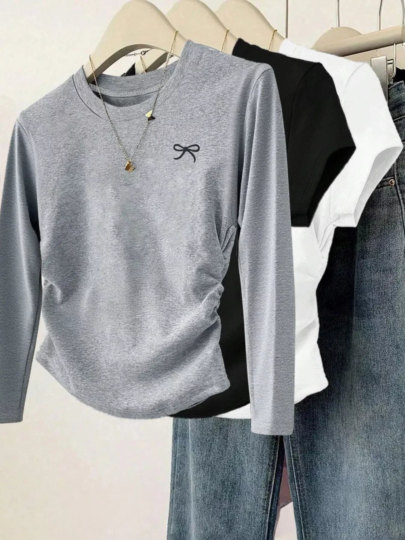 Bow Long Sleeve Ruched Stretch Fabric T Shirt - Southern Shores Clothing