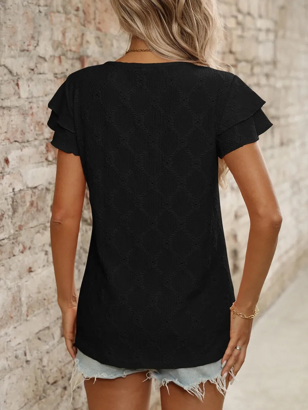 Eyelet Round Neck Ruffled Short Sleeve Top - Southern Shores Clothing