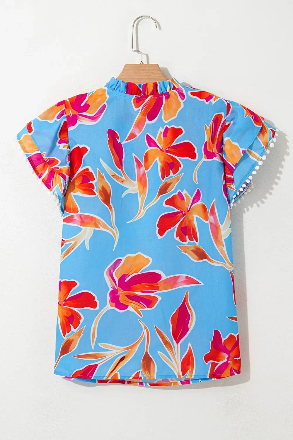 Floral Print Notched Pompom Trim Flutter Sleeves Blouse - Southern Shores Clothing