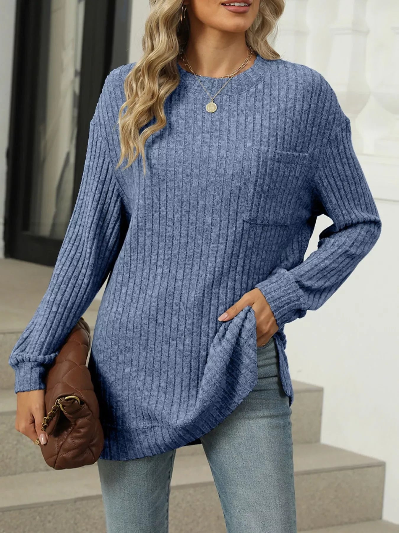 Ribbed Knit Round Neck Sweater - Southern Shores Clothing
