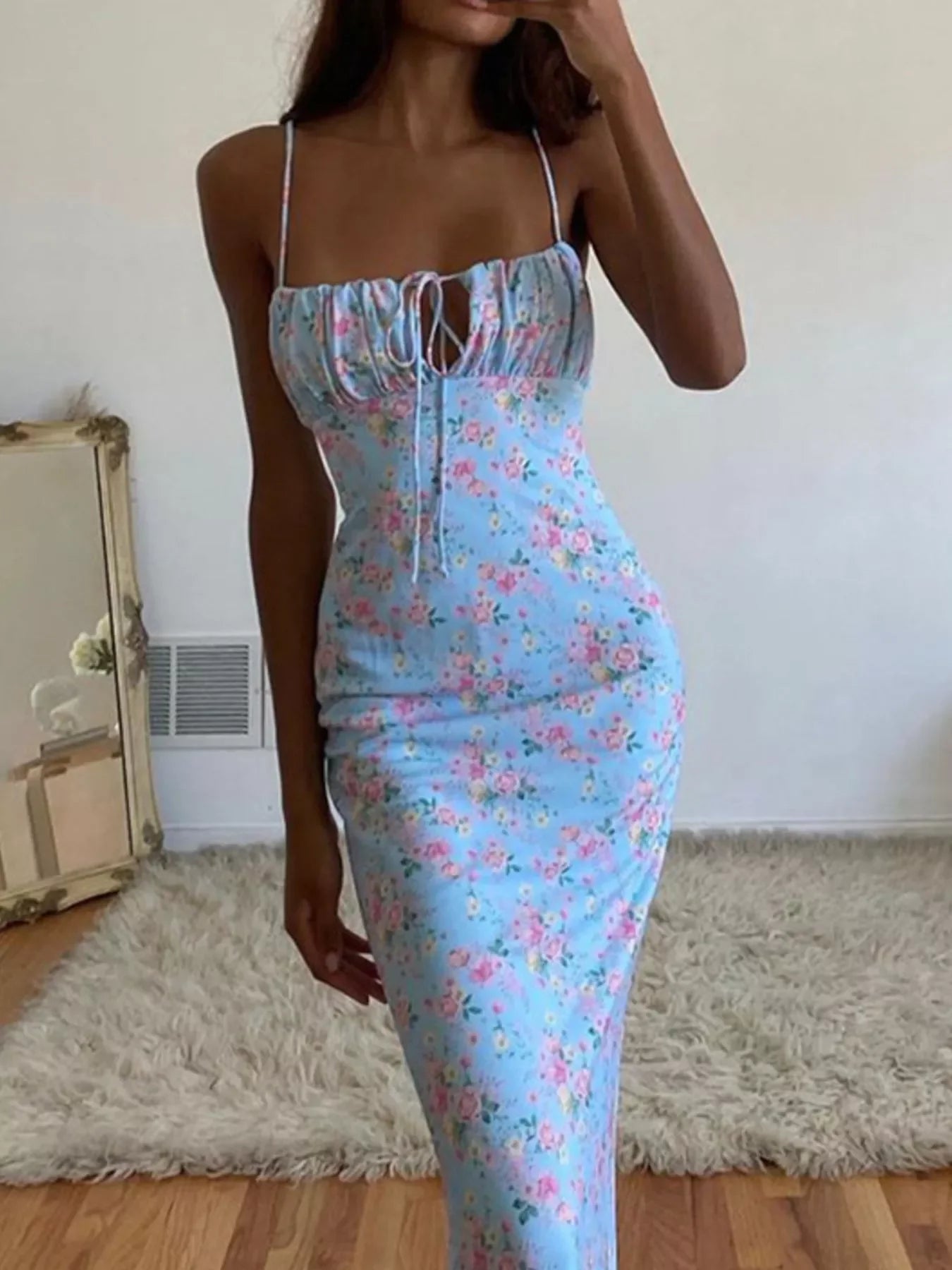 Floral Print Tie Strap Bodycon Maxi Dress - Southern Shores Clothing