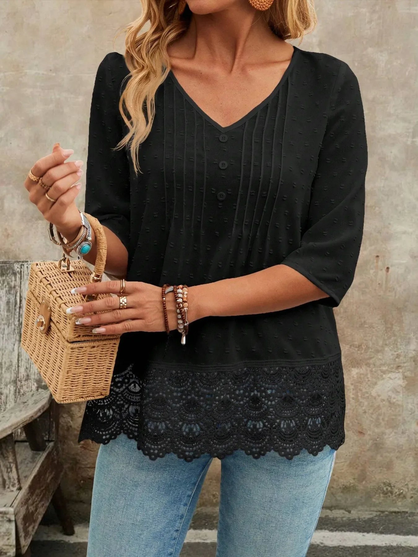 V-Neck Lace Hem Blouse With Decorative Button - Southern Shores Clothing