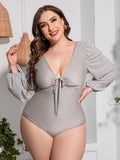 Plus Size Tied Deep V Balloon Sleeve Swimsuit - Southern Shores Clothing
