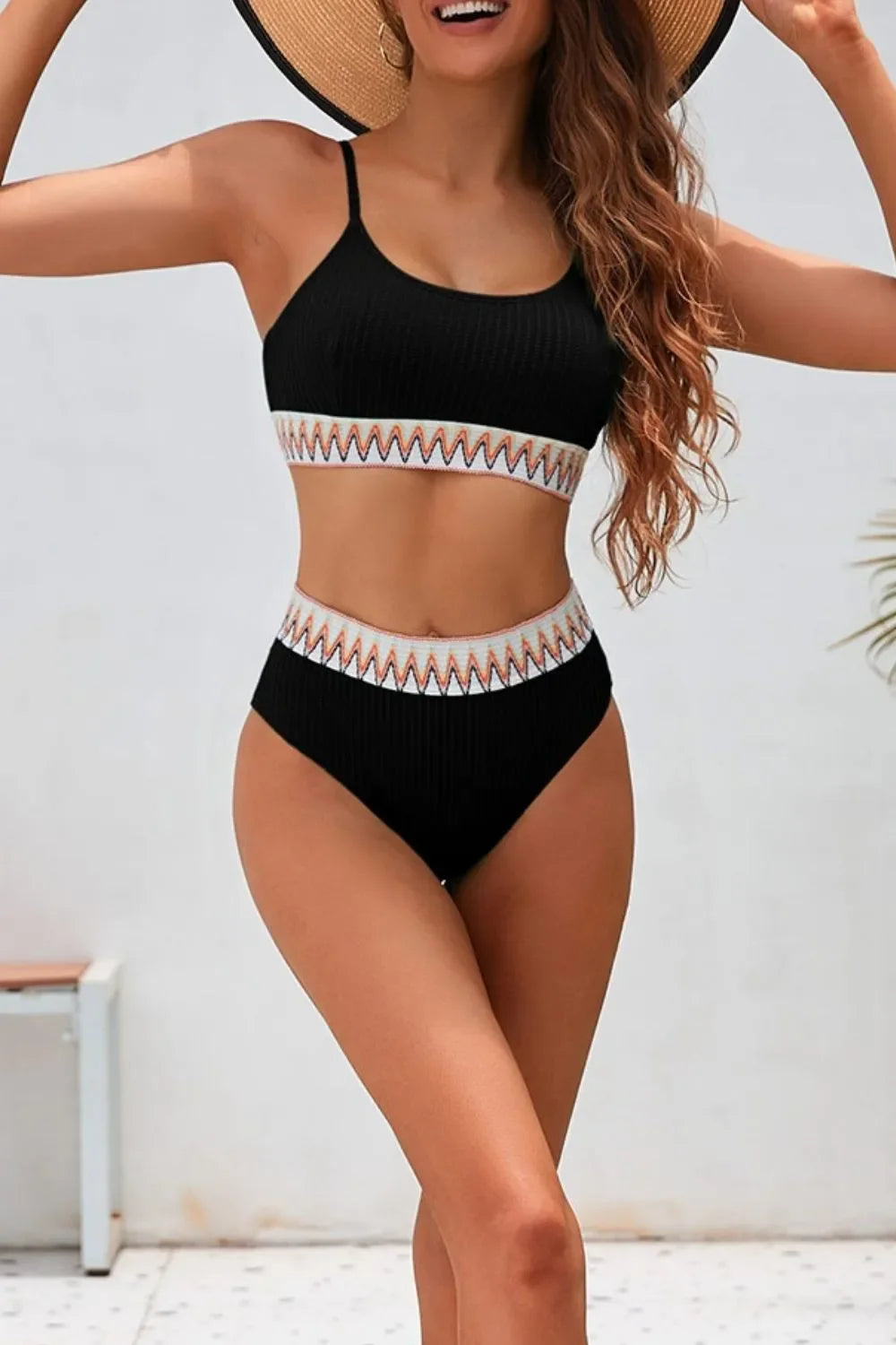 Textured Contrast Banding High Waist Bikini Set Two Piece - Southern Shores Clothing