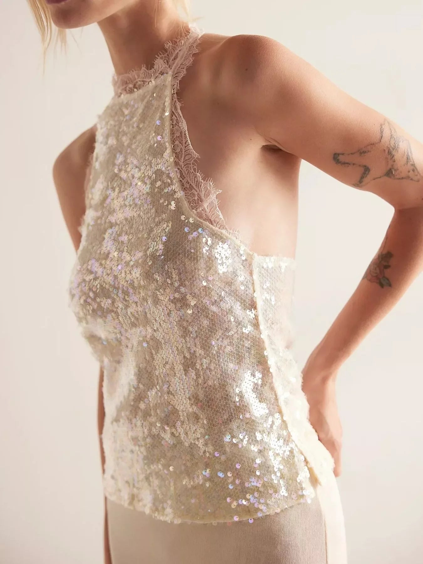 Sequin Lace Trim Halter Neck Cami Top With Elegant Embellishment - Southern Shores Clothing