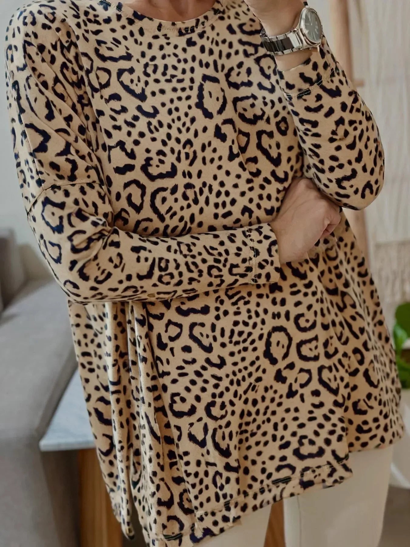 Leopard Round Neck Long Sleeve T-Shirt - Southern Shores Clothing