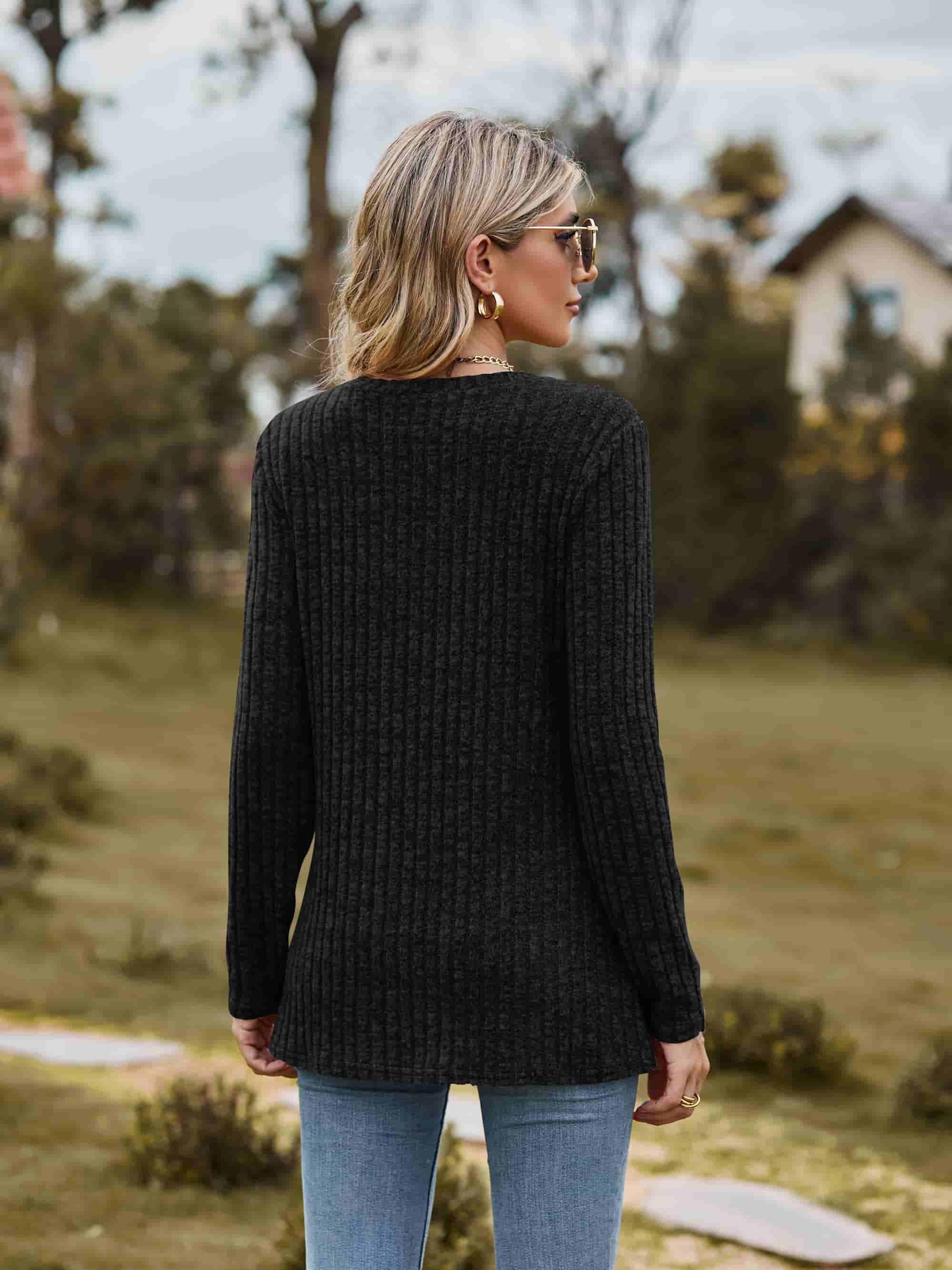 Ribbed Round Neck Long Sleeve Tee For Everyday Wear - Southern Shores Clothing